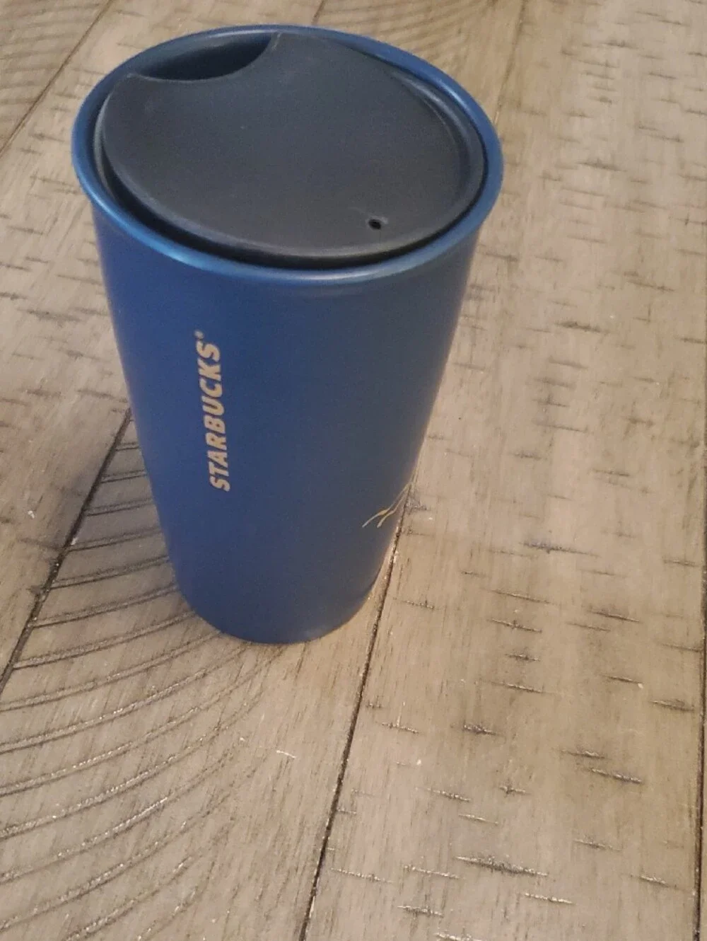 Starbucks Navy Blue Travel Mug with Black Lid and Gold Logo